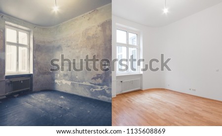 renovation  before and after  - empty apartment room, new and old,