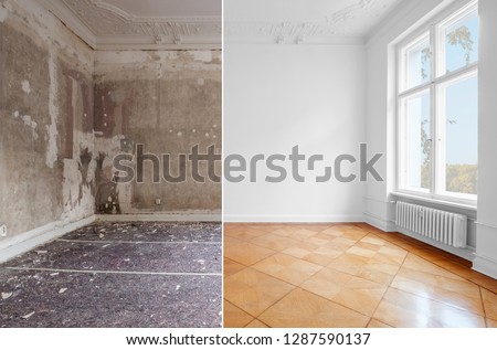 empty room in old building restoration concept,  before and after renovation