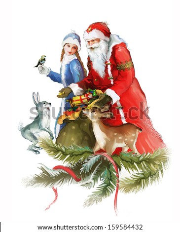 Young beautiful Snow Maiden with Santa Claus, deer and hare