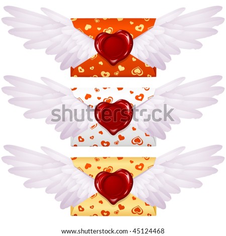 stock vector Love letter with wings and wax seal in the shape of heart