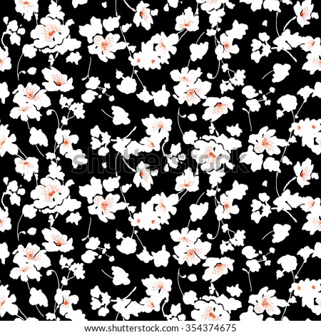 Tiny flowers seamless pattern, vector, black and white