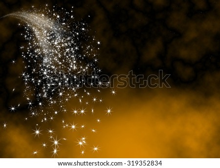 Abstract Bright and Glittering Falling Star Tail - Shooting Star with Twinkling Star Trail on Ocher Brown Background. Sparkling Starlets.