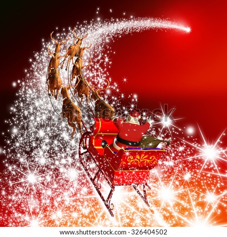 Santa Claus with Reindeer Sleigh Flying on a Falling Star. Abstract Holiday Season Christmas Design with Red Gradient Background. Shooting Star, Meteor, Comet - X-Mas, XMas Greeting Card.