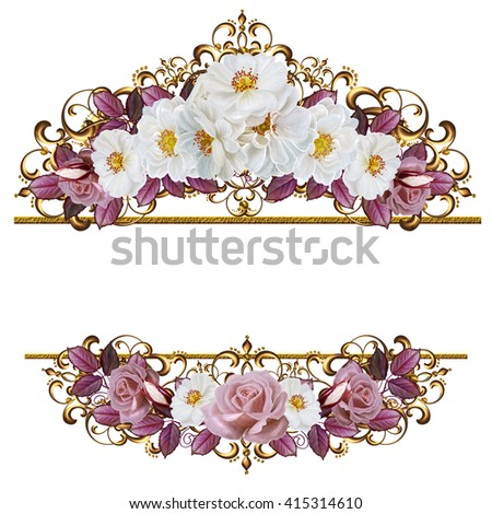 Bouquet colorful roses in a gold frame.Old style. Pastel shades. Floral background. Isolated.