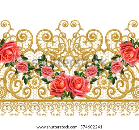 Seamless pattern. Golden textured curls. Oriental style arabesques. Brilliant lace, stylized flowers. Openwork weaving delicate, golden background, composition, garland of orange roses.