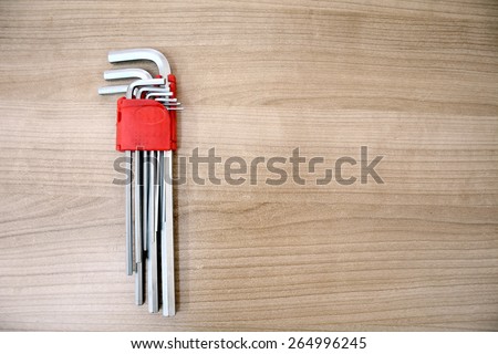 Hex set of hand tools on wooden background, Tools equipment.