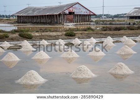 Salt Farming in Thailand. This is traditional method of how you obtain salt from actual sea water. The water dried up. Then the salt was gather in a pile waiting to be move into the storage