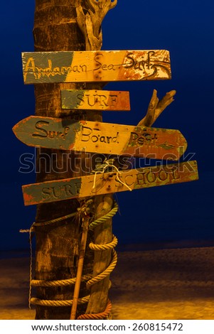 Direction signpost of Surf School.