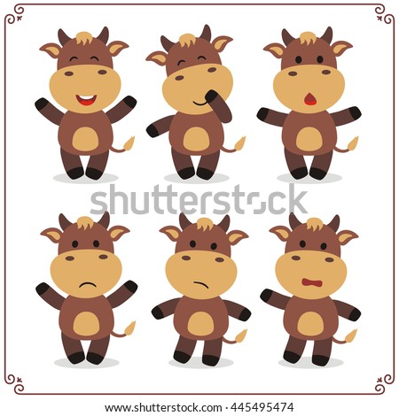 Set Vector Illustrations isolated emotion character cartoon little cow. Stickers emoticons cow with different emotions. Icon emotion funny cow. Emoji cow