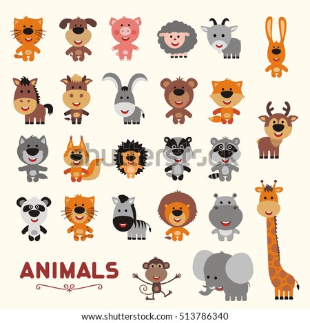 Big set funny animals. Vector collection isolated animals. Cute animals: forest, asia, africa, farm, domestic in cartoon style.