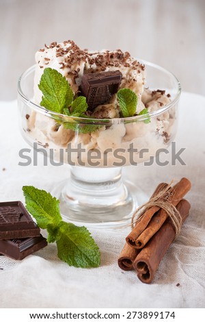 banana ice cream with cinnamon and chocolate, cooling dessert, ice cream with cinnamon and chocolate, ice cream.