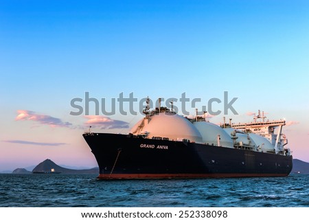LNG carrier Grand Aniva at sunset on the roads of the port of Nakhodka. Far East of Russia. East (Japan) Sea. 31.03.2014