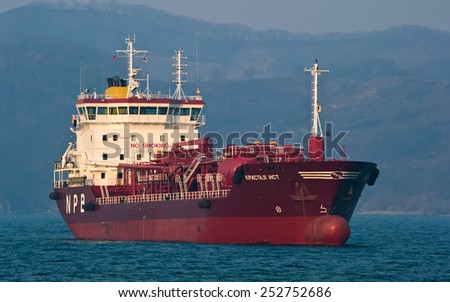 Tanker Crystal East anchored in the roads. Nakhodka Bay. East (Japan) Sea. 19.04.2014