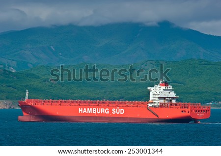 Empty container ship Monte Sarmiento moving by sea. Nakhodka Bay. East (Japan) Sea. 27.05.2014