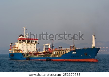 Tanker Pavino anchored in the roads. Nakhodka Bay. East (Japan) Sea. 19.04.2014
