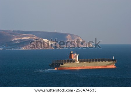 Empty container ship Maipo moving by sea. Nakhodka Bay. East (Japan) Sea. 05.03.2015