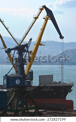 The bow of a huge bulk carrier Indigo SW standing at the pier in the port of Nakhodka. East (Japan) Sea. 24.04.2015