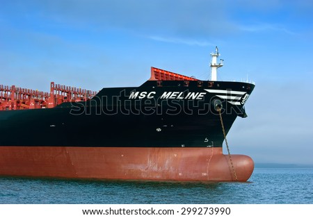 The bow of a huge container ship MSC Meline anchored. Nakhodka Bay. East (Japan) Sea. 22.07.2015