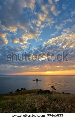 Spring morning seascape with beautiful clouds. Japan Sea.