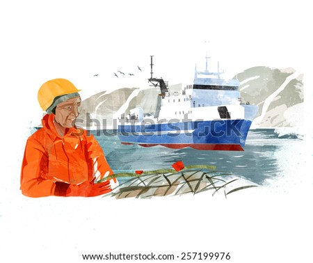 fisher. from the fishing vessel on a background of mountains