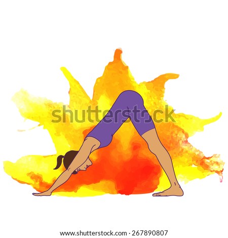 yoga pose, adho mukha svanasana, downward facing dog poseon watercolor style background