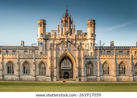 Cambridge, UK - March 7, 2015 - New Court\'s Clock Tower of St John\'s College, University of Cambridge