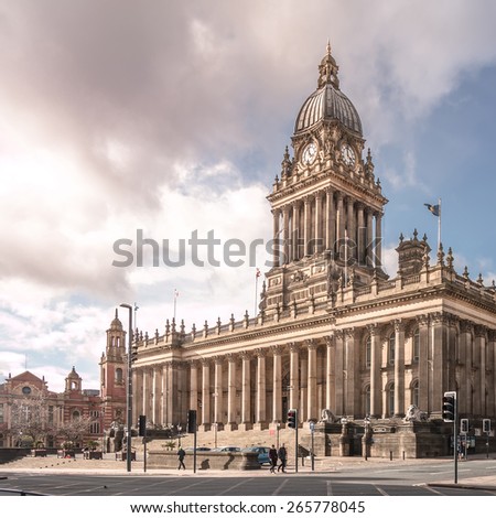 Leeds, UK - March 29, 2015: Town Hall in Leeds, West Yorkshire, UK with Pedestrians. Also a local landmark of Leeds with its architect.