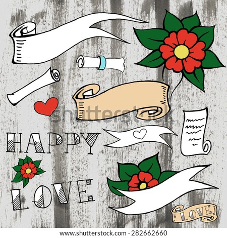 Set of oldschool tattoo flower, love title and bundle on grey craft background