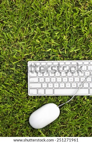 Computer keyboard and mouse on green grass.