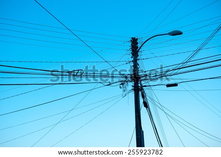 Wires connected to streetlight for communication in Valparaisio, Chile.
