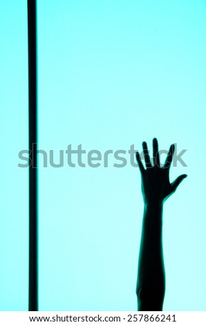Silhouette of hand on a turquoise crystal door.