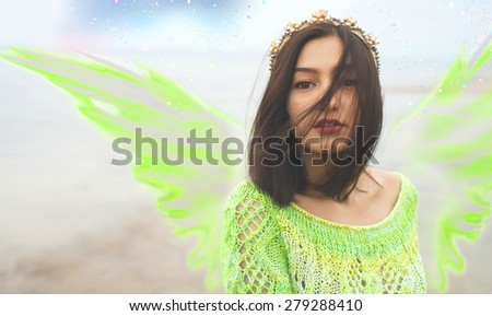 Girl angel, summer butterfly, guardian angel\'s portrait