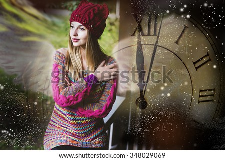 Hours show midnight, make the wish, the woman in a knitted cap