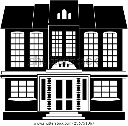Black and white illustration of a two-storey house in classical style