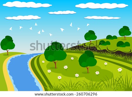 Beautiful green landscape illustration with a river