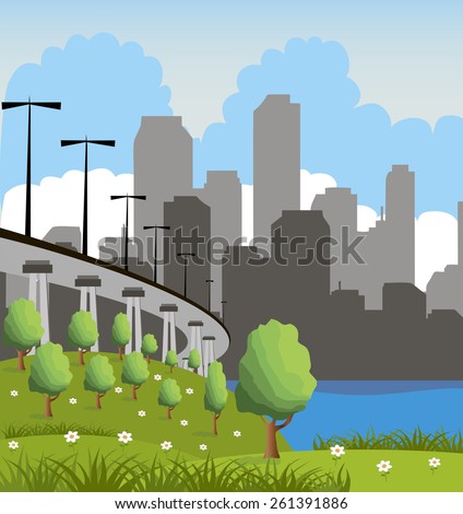 Green City Landscape with tree, river and fskyscrapers.