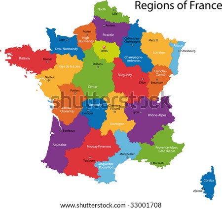 stock vector : Colorful France map with regions and main cities