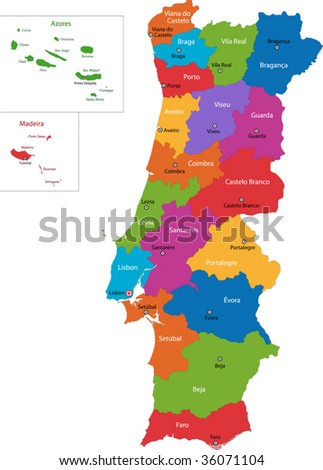 map of portugal with cities. stock vector : Colorful Portugal map with regions and main cities