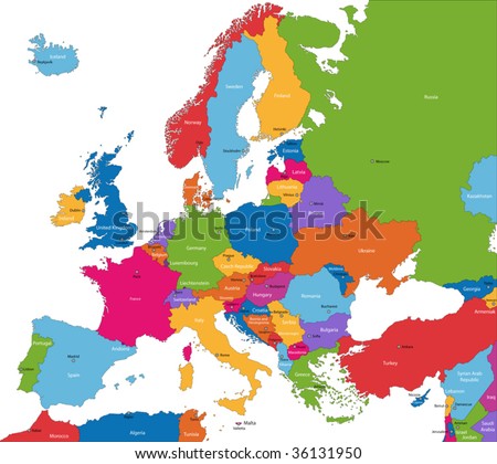Europe  Vector on Colorful Europe Map With Countries And Capital Cities Stock Vector
