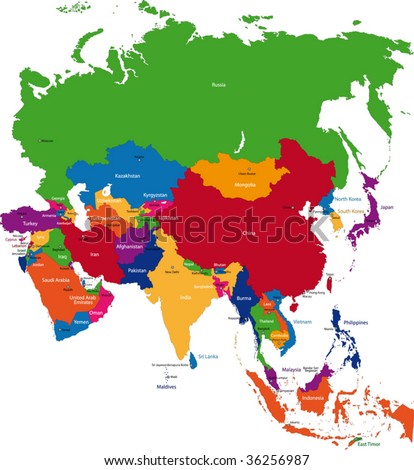 stock vector : Colorful Asia map with countries and capital cities