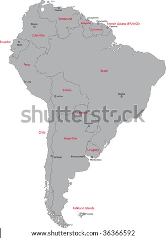 stock vector : Grey South America map with countries and capital cities