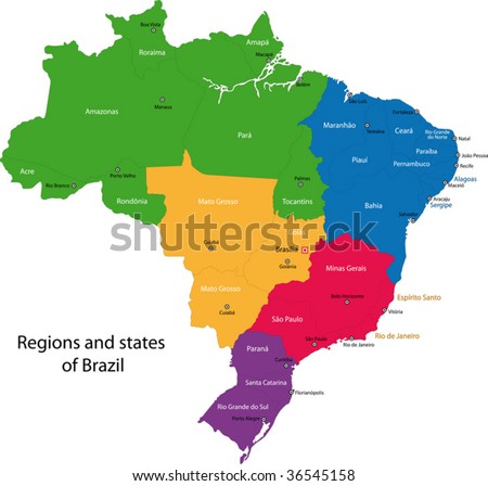 stock vector : Colorful Brazil map with regions, states and capital cities