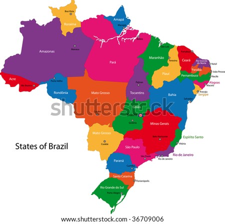 stock photo : Colorful Brazil map with states and capital cities