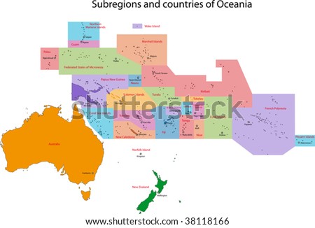 stock vector : Colorful Oceania map with countries and capital cities