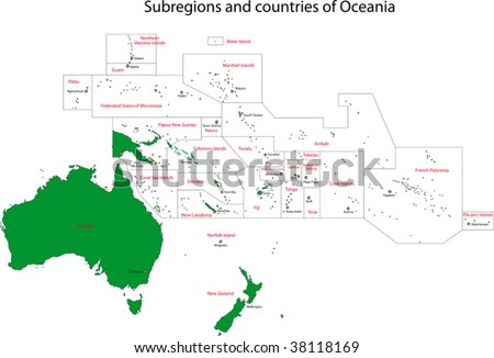 stock vector : Oceania map with countries and capital cities
