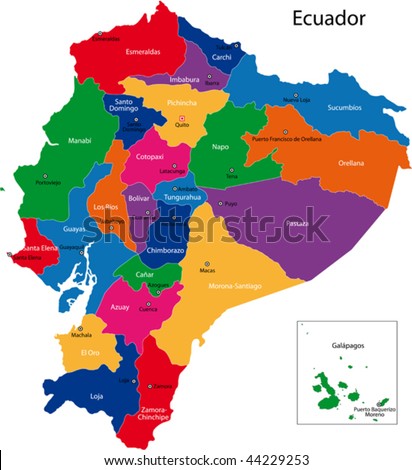 stock vector : Map of the Republic of Ecuador with the regions colored in 