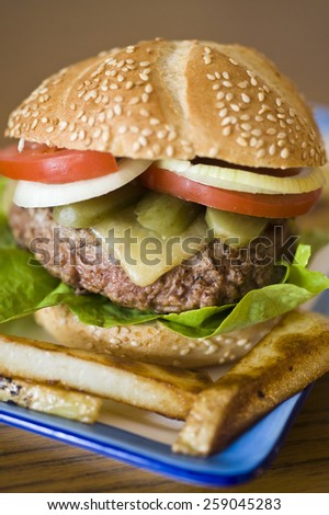Hamburger with a big, heavy, man-size beef patty, lettuce, cheese, pickle, onion, tomato and served with large chunky chips/fries.
