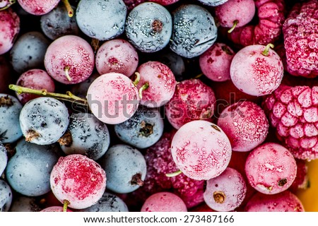 frozen berries, black currant, red currant, raspberry, blueberry. top view. macro