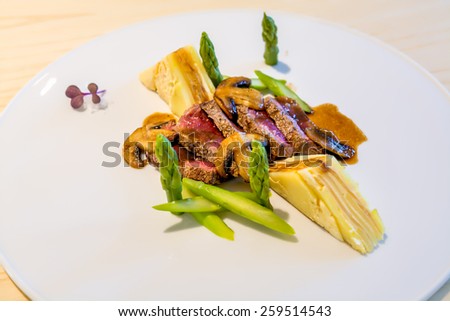 beef loin off veal with potatoes, vegetables, mushrooms and mushroom sauce.