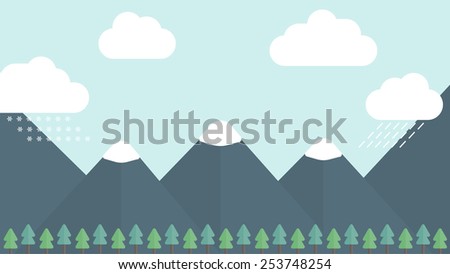Mountains, forest and clouds in flat style design